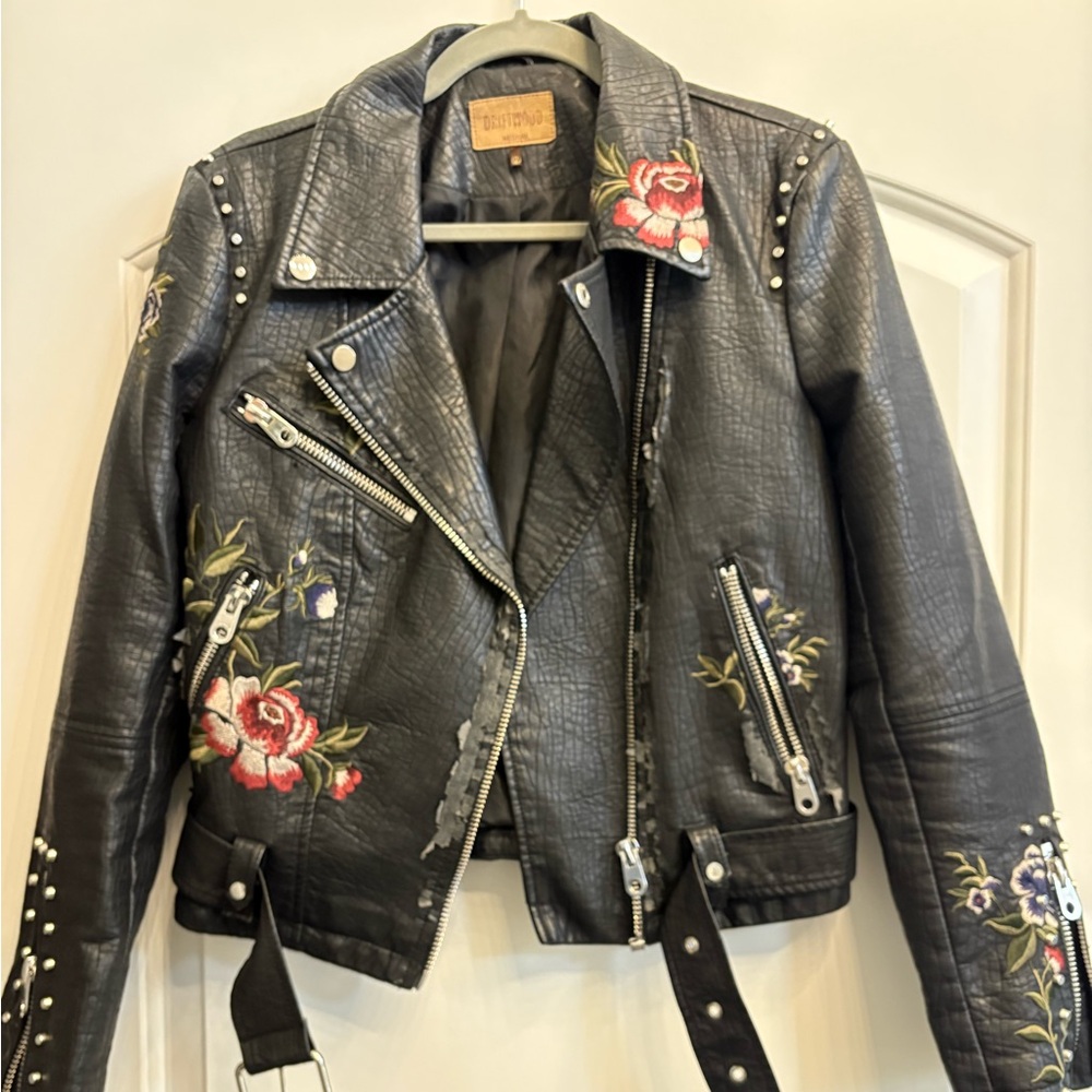 Black Leather Jacket with Floral Embroidery